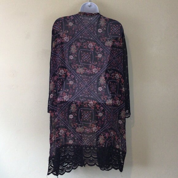 Rewind Black Sheer Floral Print Kimono Style Boho Jacket - Picture 4 of 5
